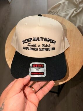 OTTO Beige and Black Trucker Hat with 'Premium Quality Garments' Embroidery